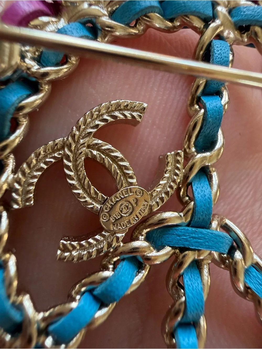 CHANEL Gold-Tone Multicolor Peace Sign Brooch - Pink, Purple, Blue
